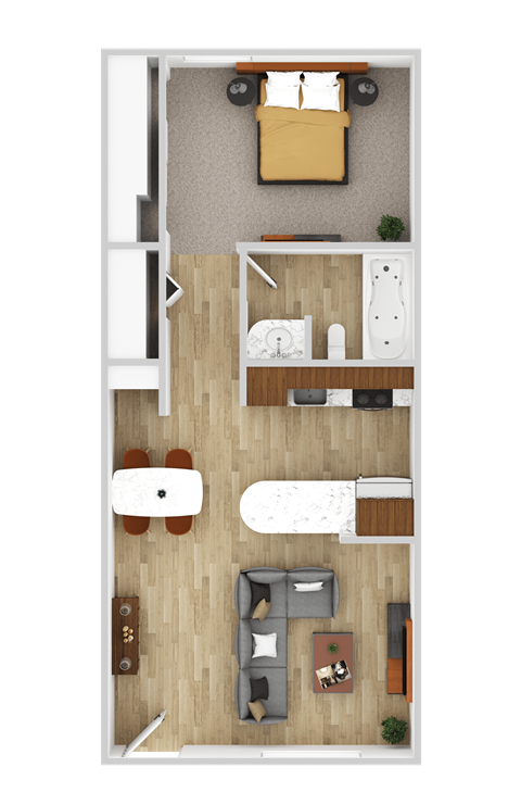 Floor plan for 1 bed, 1 bath, 381 sqft